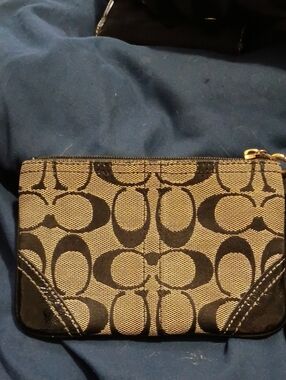 Coach Small Zip Pouch in Khaki and Black Signature Canvas